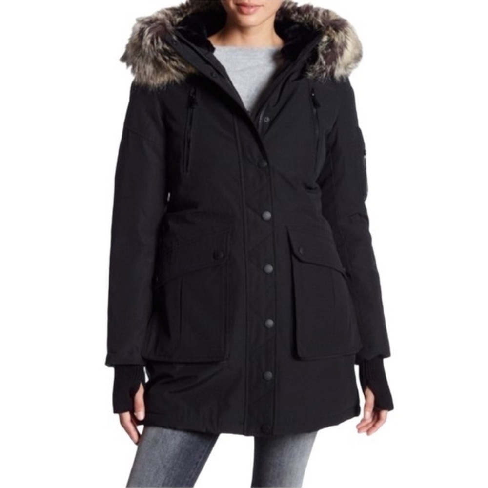 BCBGENERATION Faux-fur Trim Hooded Anorak Puffer Coat In Army Camo, Size: XS